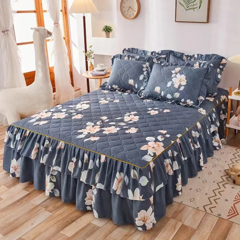 Double-Layer-Floral-Printed-Bilateral-Bed-Skirt-Set-Includes-2-Pillowcase-Bed-Sheets