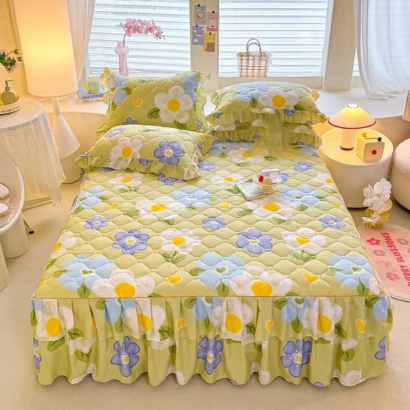 Double-Layer-Floral-Printed-King-Size-Bed-Skirt-Set-100-Polyester-Washable-Modern-Design