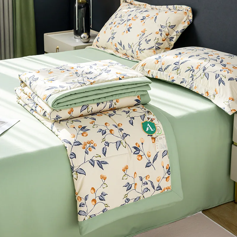 Double-Layer-Yarn-Woven-Summer-Quilt-Four-Piece-Set-Floral-Print-Modern-Style-Student-Gift-Baby-Breathable-Cool-Polyester