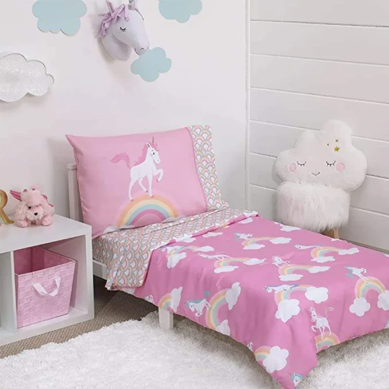 Double-Sided-Pillowcase-Duvet-Cover-Powder-White-Cartoon-Printing-4-Piece-Toddler-Bedding-Set-for-Girls