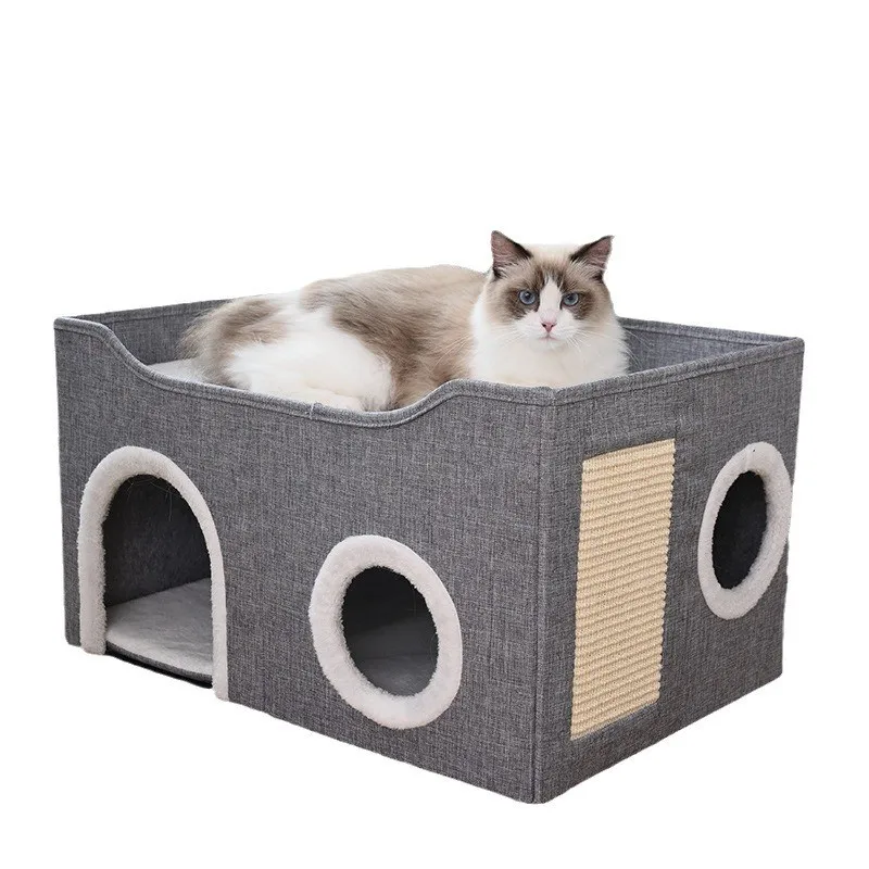 Double-layer-Large-Four-Season-Foldling-Customized-Polyester-Cat-Bed-Small-Pet-Nest-With-Toy-Ball-and-Scratching-Board