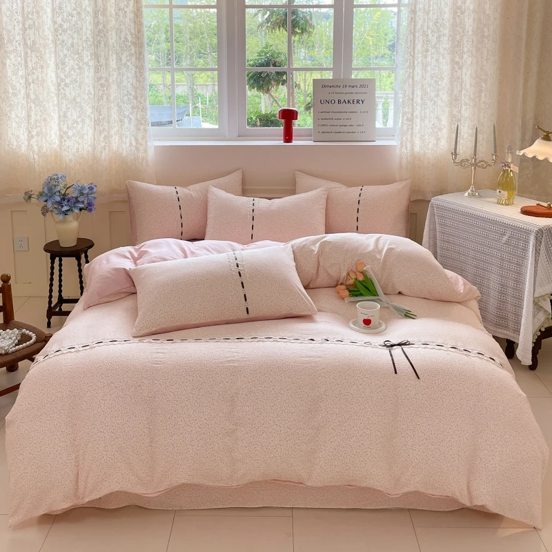 Double-layered-Yarn-Four-piece-Bed-Set-Wrinkled-Yarn-Lace-Plaid-Printing-Duvet-Cover-Queen-King-Bed-Sheets-Bedding-Set
