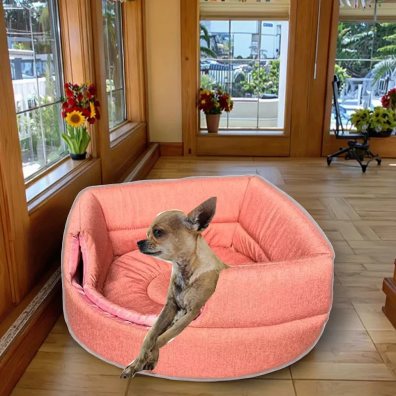 Durable-Plush-Linen-Round-Pet-Bed-Small-Animals-Hideaway-Style-Solid-Color-with-Comfortable-Sponge-for-Cats-and-Dogs