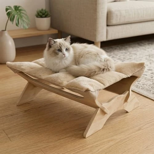 Easy-Assembly-Elevated-Wood-Cat-Bed-Hammock-Raised-Orthopedic-Dog-Bed-with-Dual-Sided-Plush-Linen-Cushion
