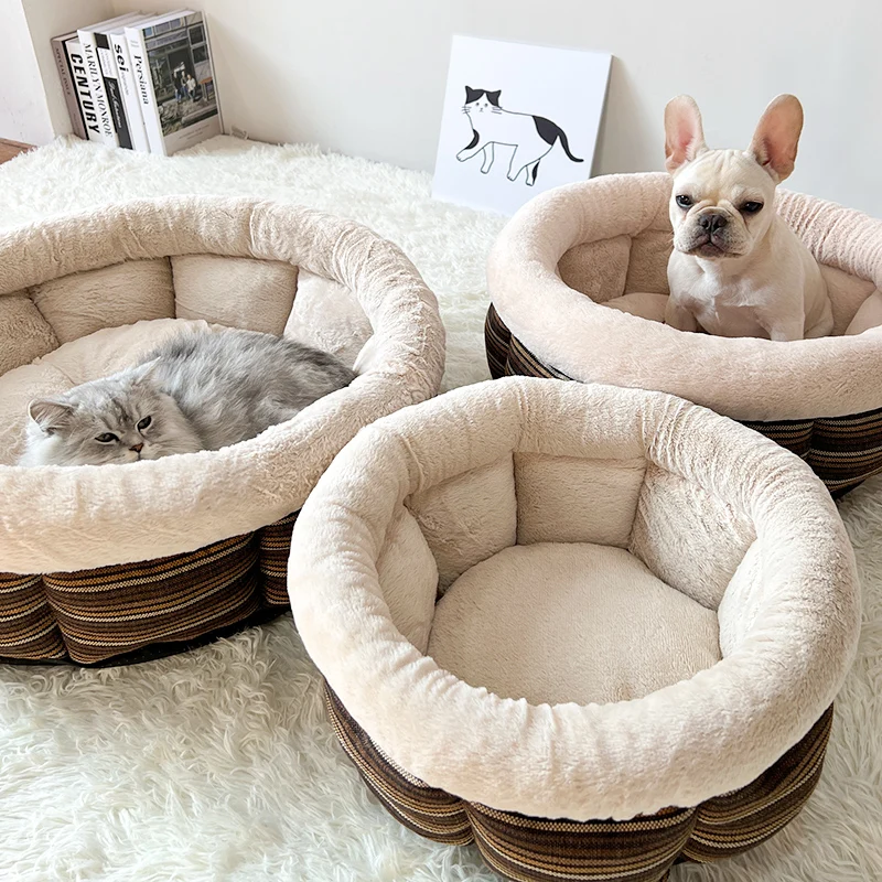 Eco-Friendly-Linen-Multi-Color-Striped-Patchwork-Indoor-Pet-Sofa-Bed-Round-Bed-for-Dogs-and-Cats