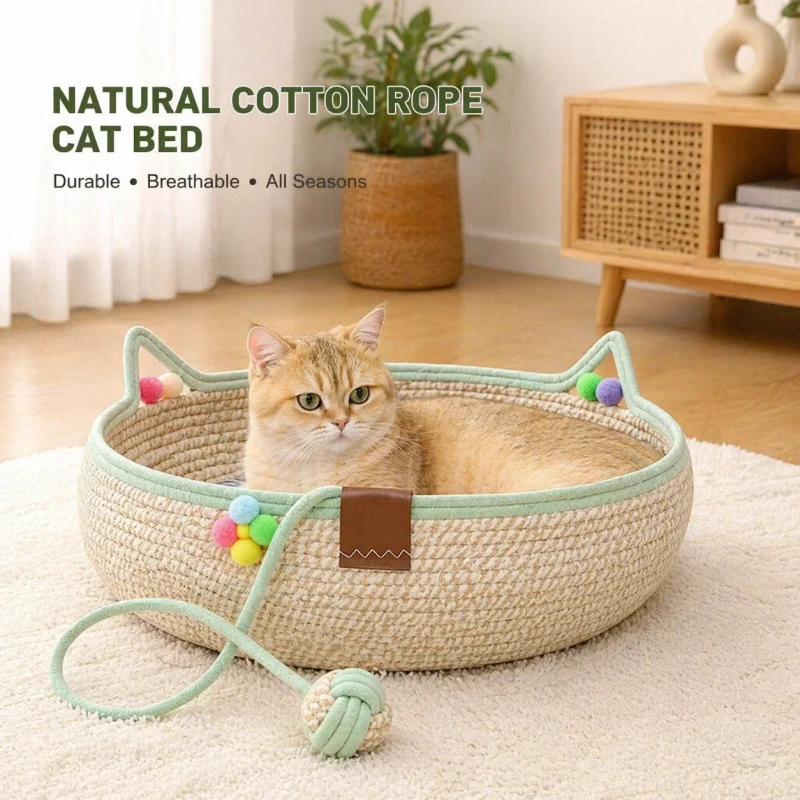 Eco-Friendly-Rattan-Cat-Nest-Large-Woven-Pet-Bed-Scratch-Resistant-Breathable-All-Season-Kitten-Sleeping-Basket-With-Cushion