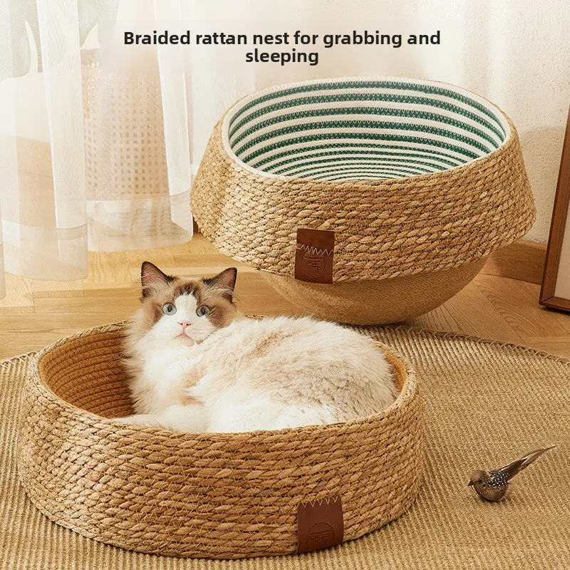Eco-Friendly-Solid-PE-Rattan-Nest-All-Seasons-Universal-Cotton-Linen-Dog-Cat-Bed-Scratch-Resistant-Semi-Enclosed-Pet-Bed-Carton