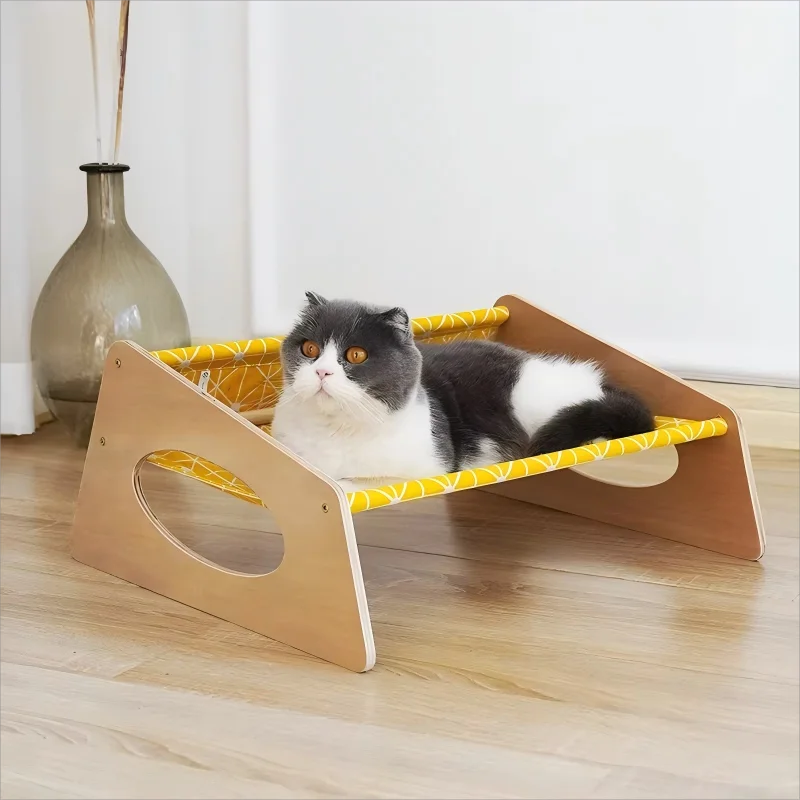 Eco-Friendly-Solid-Wood-Cat-Hammock-Medium-Pet-Bed-with-Linen-All-Season-Supplies