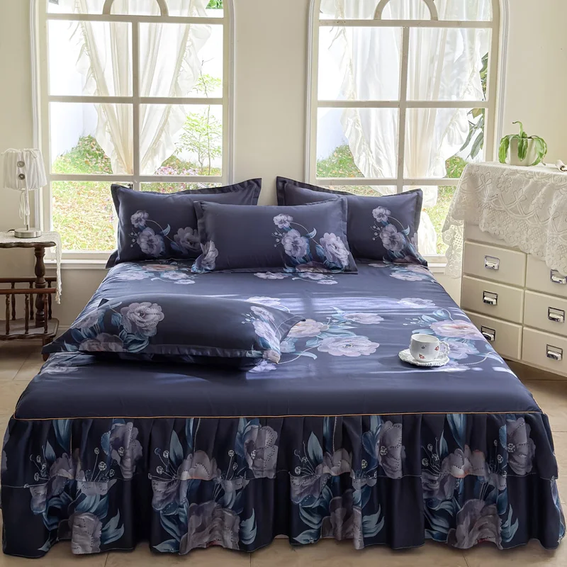 Elegant-Black-Plant-Printed-Big-Flower-Pattern-Luxury-Durable-Breathable-All-Season-Customizable-Bed-Skirt-Sheet-Soft-Bedding