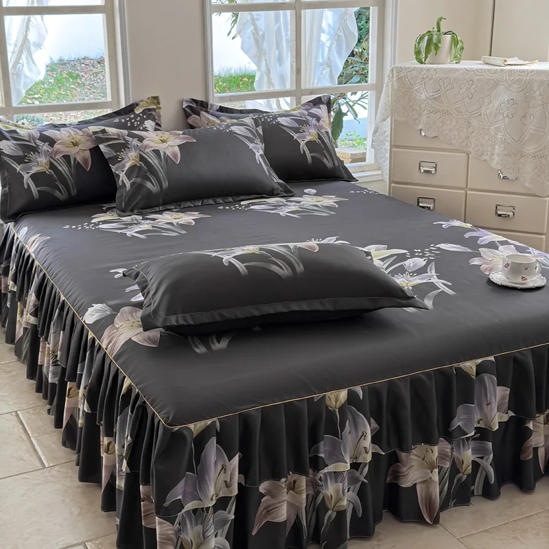 Elegant-Black-Plant-Printed-Big-Flower-Pattern-Luxury-Durable-Breathable-Bed-Skirt-Sheet-Soft-Polyester-Bedding