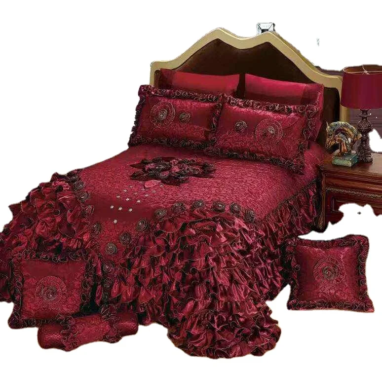 Embroidered-Cooling-Plant-Design-Wedding-Spread-and-Pillow-Case-Luxury-King-Size-with-Lace