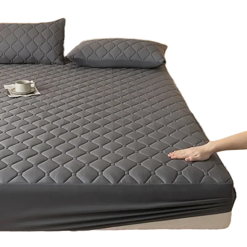 Embroidered-Waterproof-100-Polyester-Quilted-All-Season-Bed-Cover-Thick-Mattress-Protector-Fitted-Sheet-Set-Woven-Plain-Style