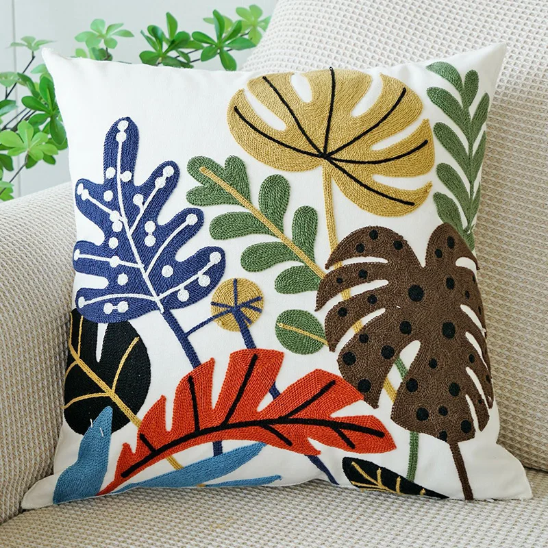 Embroidery-Blue-Leaf-Decorative-Cotton-Indoor-Throw-Pillows-Cushion-Cover-For-Home-Decor