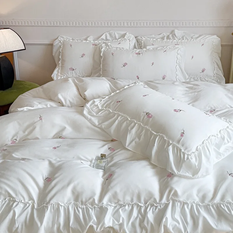 Embroidery-Rose-Washed-Cotton-Bedding-Set-Ruffle-Lace-Princess-Comforter-Set-for-Women