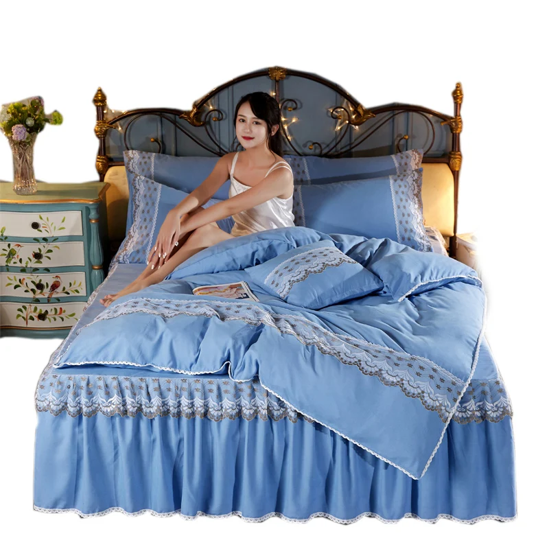 Europe-Fashion-Thickened-Sanding-Plant-flora-flower-Fabric-Decorative-3D-Lace-4-Piece-Luxury-Home-Bed-Skirt-Set