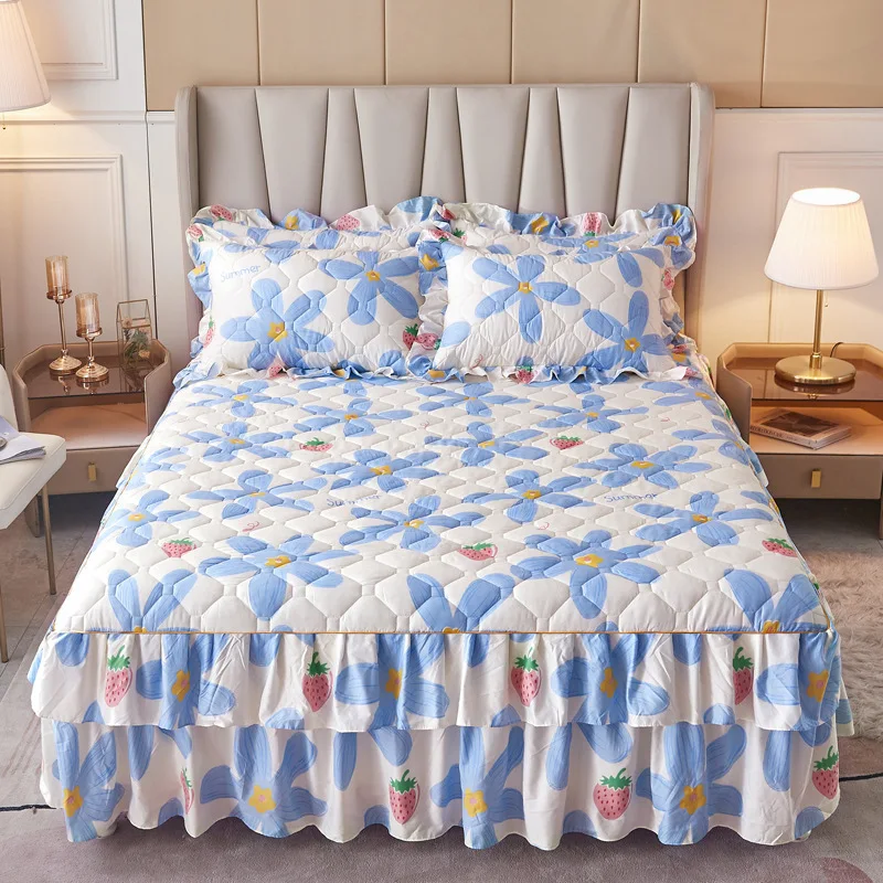 Europe-and-America-Style-Solid-Color-Quilting-Bedding-Pleated-Bedspread-Skirt-Luxury-2-Pillow-Case-Bed-Skirt-Set