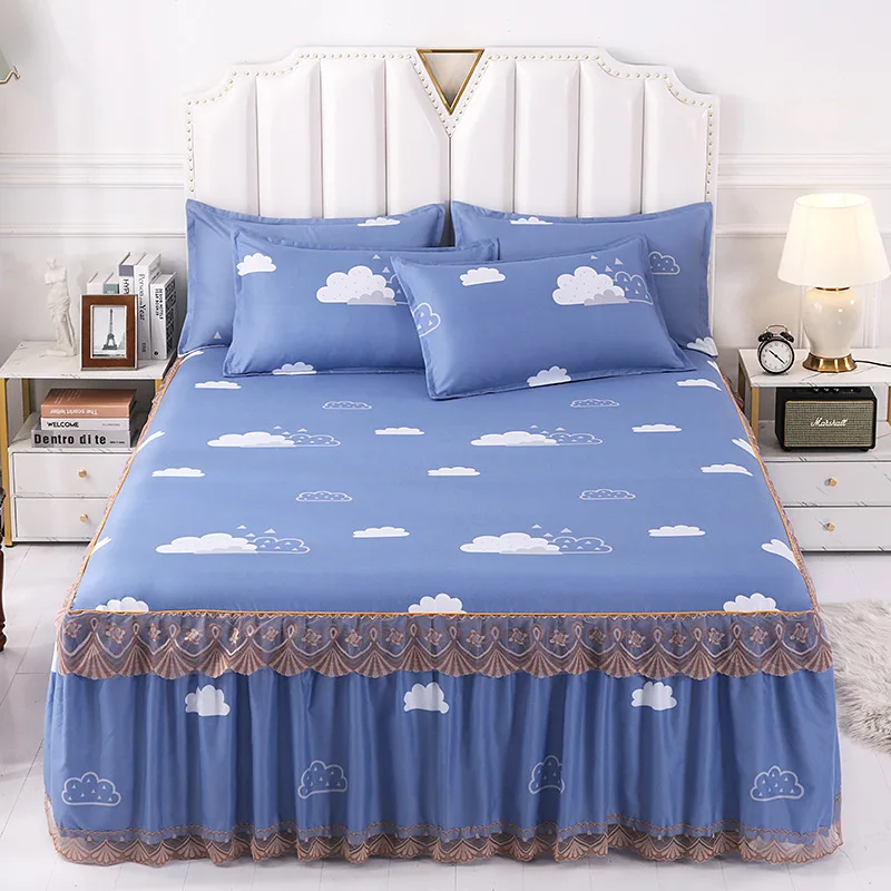 Europe-and-America-Style-Solid-Color-Sheet-Bed-Set-100-Polyester-Bed-Skirts-With-Two-Pillow-Cases