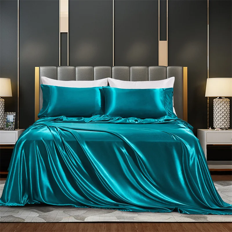 European-American-Solid-Color-Satin-Imitation-Silk-Customizable-Four-Piece-Bed-Sheet-Pillowcase-Bedding-Set-All-Season