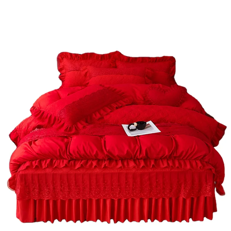 European-Style-4pcs-Comfortable-Polyester-Bedspread-Coverlet-Set-with-Lace-Duvet-Cover-Bed-Skirt-for-Home-Use