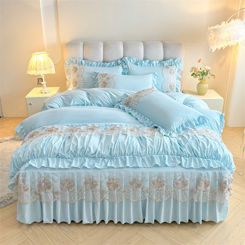 European-Style-4pcs-Set-Blue-Washed-Cotton-Solid-Lace-Reactive-Printing-Duvet-Cover-and-Bed-Skirt-for-Home-Use