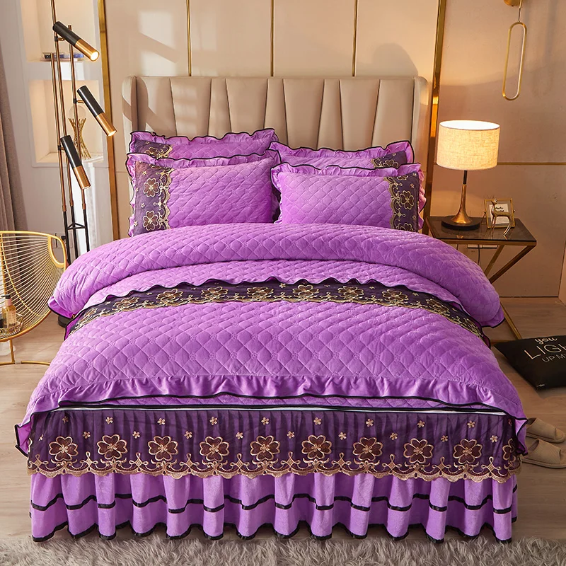 European-Style-Fitted-Sheet-Embroid-Flower-Lace-Purple-Bed-Skirts-Comforter-Duvet-Cover-Set
