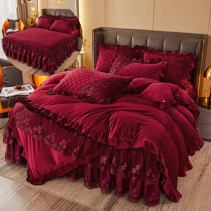 European-Style-Luxury-Embroidery-Queen-Size-Flora-Lace-Bed-Skirt-Cover-Thickened-Home-Skirt-Bedding-Set