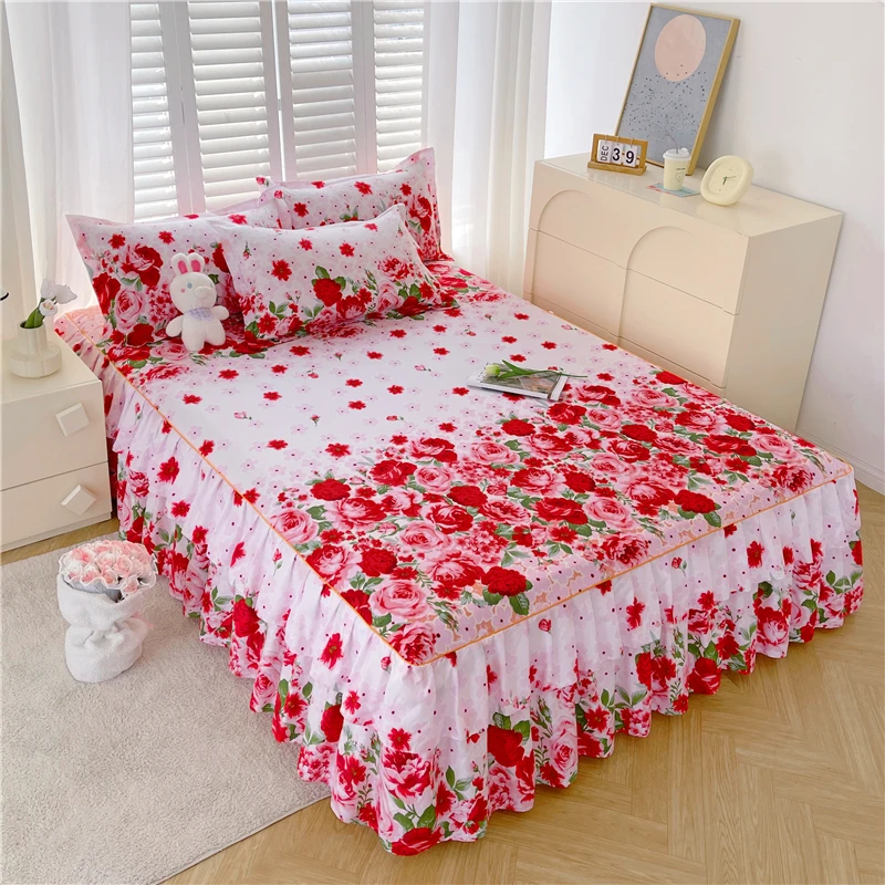 European-Style-Pink-Red-Big-Flower-Wedding-Ruffled-Colorful-Striped-Pattern-Skirted-Bed-Sheet-and-Pillowcases-Set