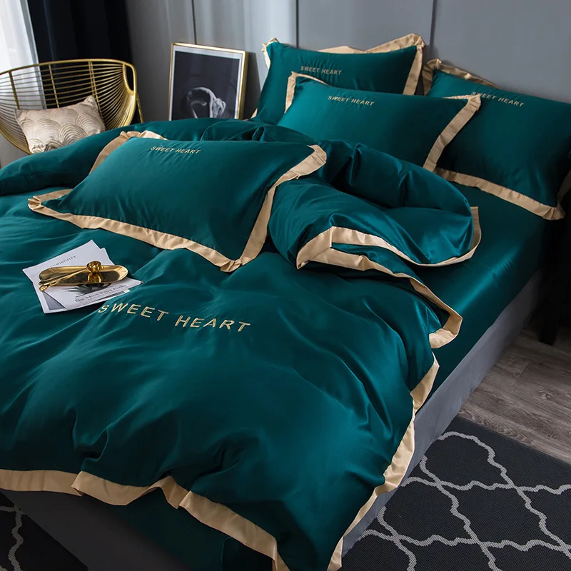 European-Style-Washed-Silk-Pure-Color-Double-Sided-Ice-Silk-Bed-Sheet-Quilt-Cover-Silky-Four-Piece-Bedding-Set