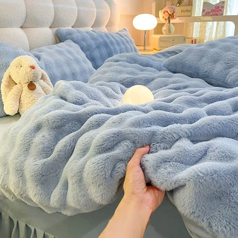 European-Winter-Solid-Color-Knitted-Eco-Friendly-600TC-Polyester-2-Piece-Anti-Pilling-Rabbit-Flannel-Bedding-Set-Home-Hotel