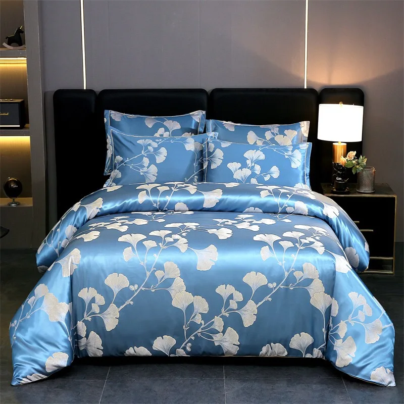 European-style-Light-Luxury-Jacquard-Brushed-Four-piece-Double-Flat-Fitted-Sheets-Blue-4pcs-Polyester-Bedding-Set