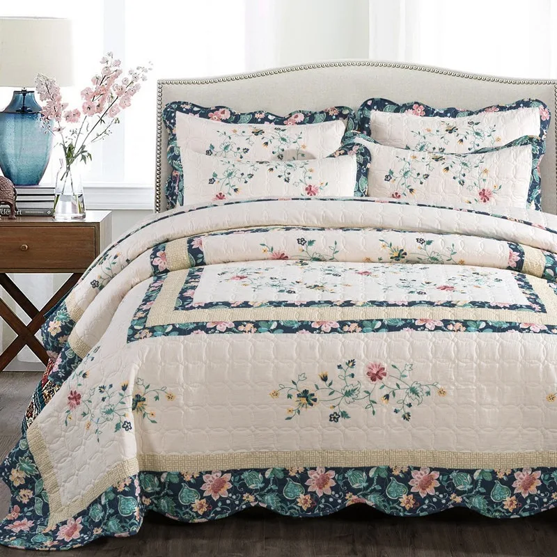 European-style-Quilted-Bedspread-Three-Piece-Set-Air-Conditioning-Pastoral-Design-Pure-Cotton-Summer-Quilt