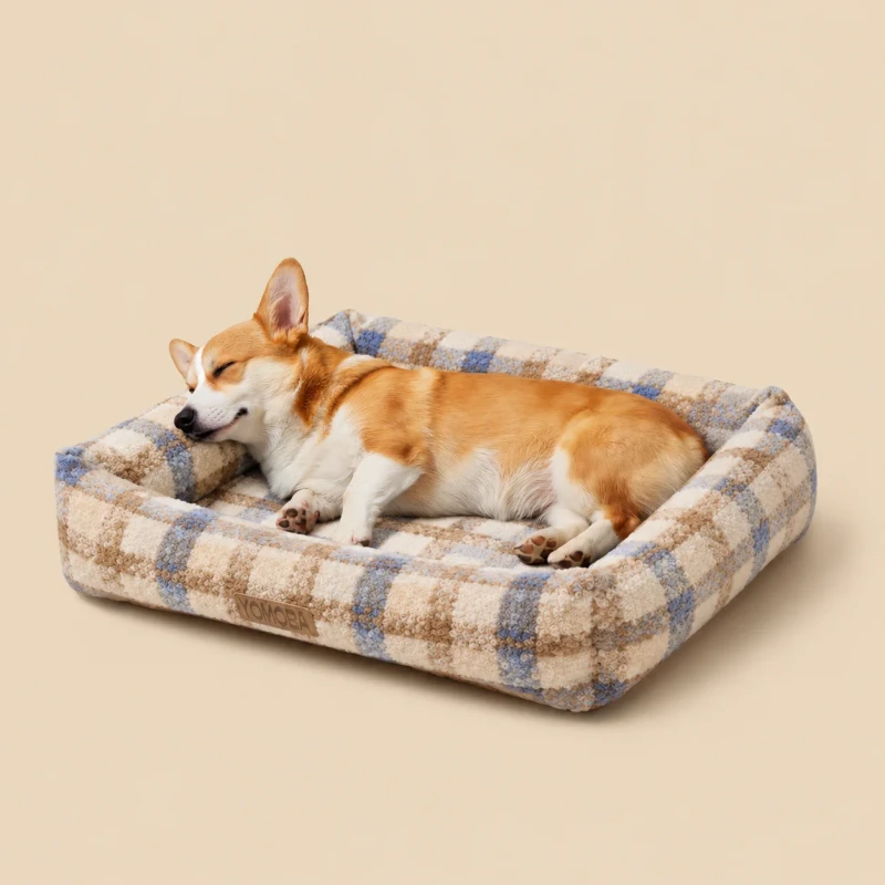 Factory-Custom-Logo-Orthopedic-Dog-Bed-Curly-Plaid-Boucle-Fabric-Multi-Colors-Removable-Washable-Cover-Anti-slip