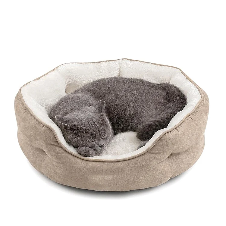 Factory-Custom-Luxury-Soft-Comfortable-Khaki-Suede-Cat-and-Dog-Bed-Washable-Round-Pet-Bed-with-Removable-Pet-Cushion-for-Puppy