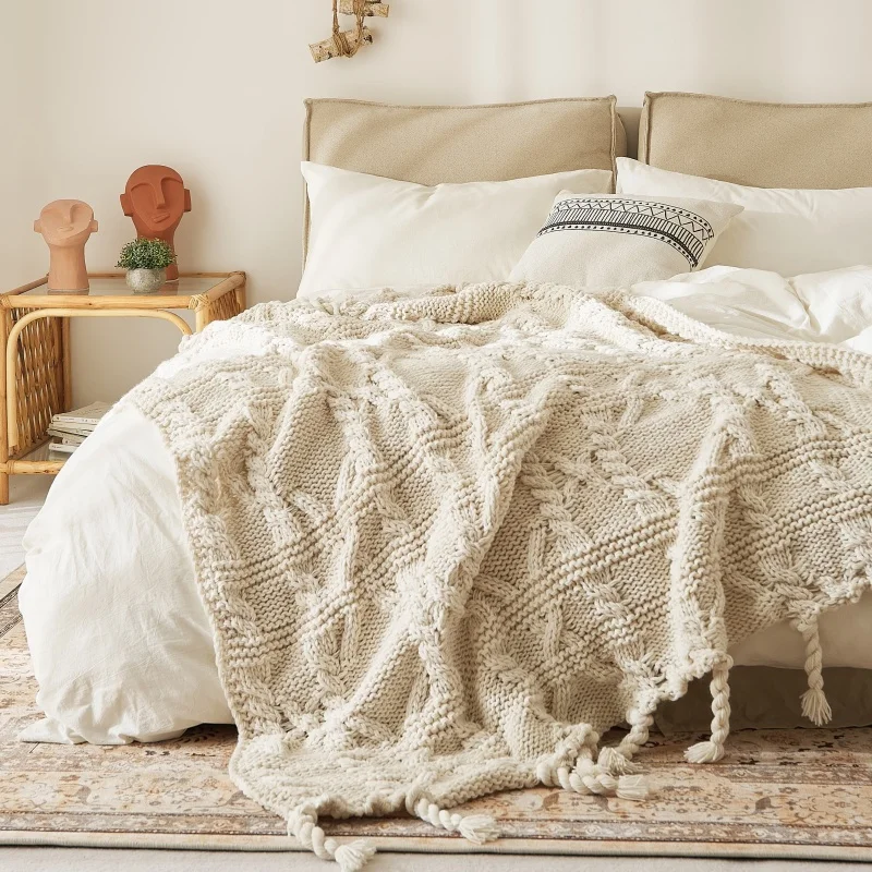 Factory-Direct-Acrylic-Minimalist-Cable-Knit-Throw-Blanket-with-Tassels-Style-Sofa-Couch-Decorative-Blanket-for-Home-Decor