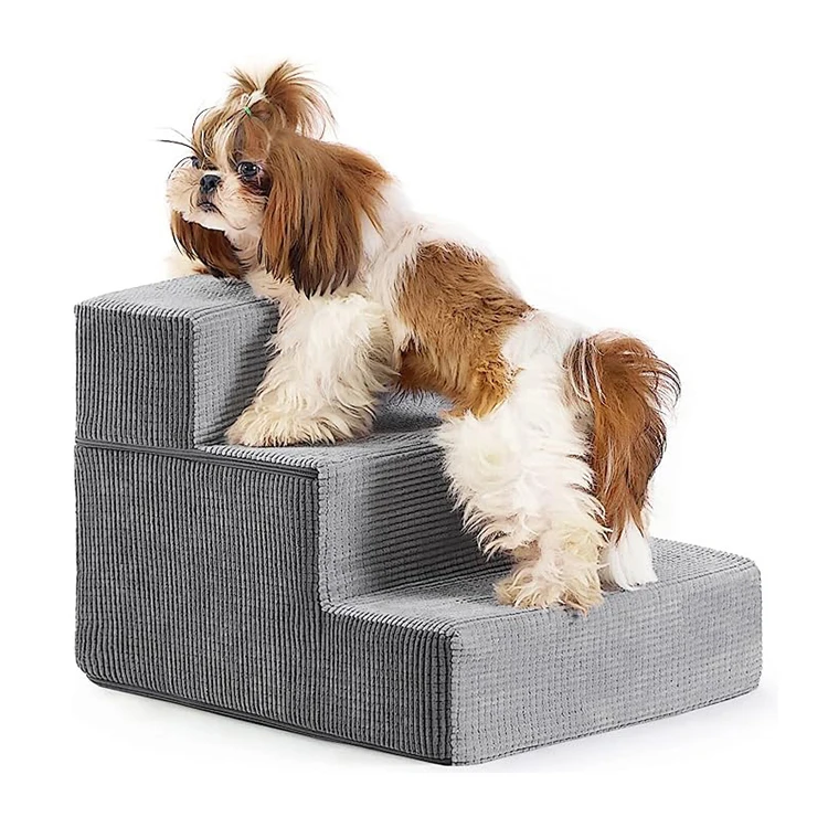 Factory-Direct-Custom-Grey-Durable-Pet-Ladder-Ramp-Foam-Dog-Cat-Ramp-Stairs-3-Steps-for-High-Beds