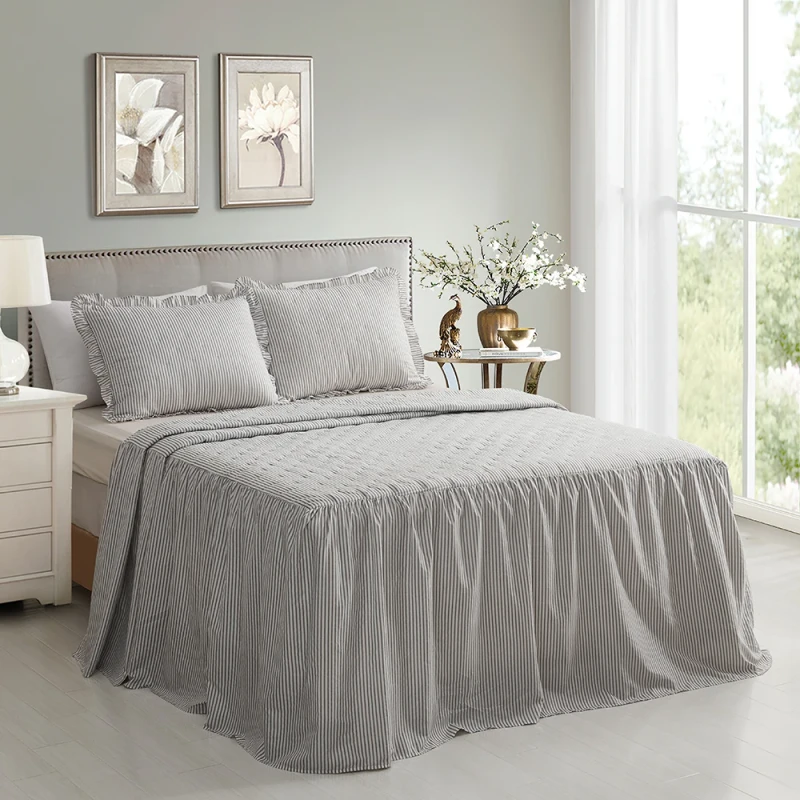 Farmhouse-Ticking-Stripe-Bed-Skirt-Quilted-Striped-All-Season-Brushed-Polyester-Dust-Resistant-Design