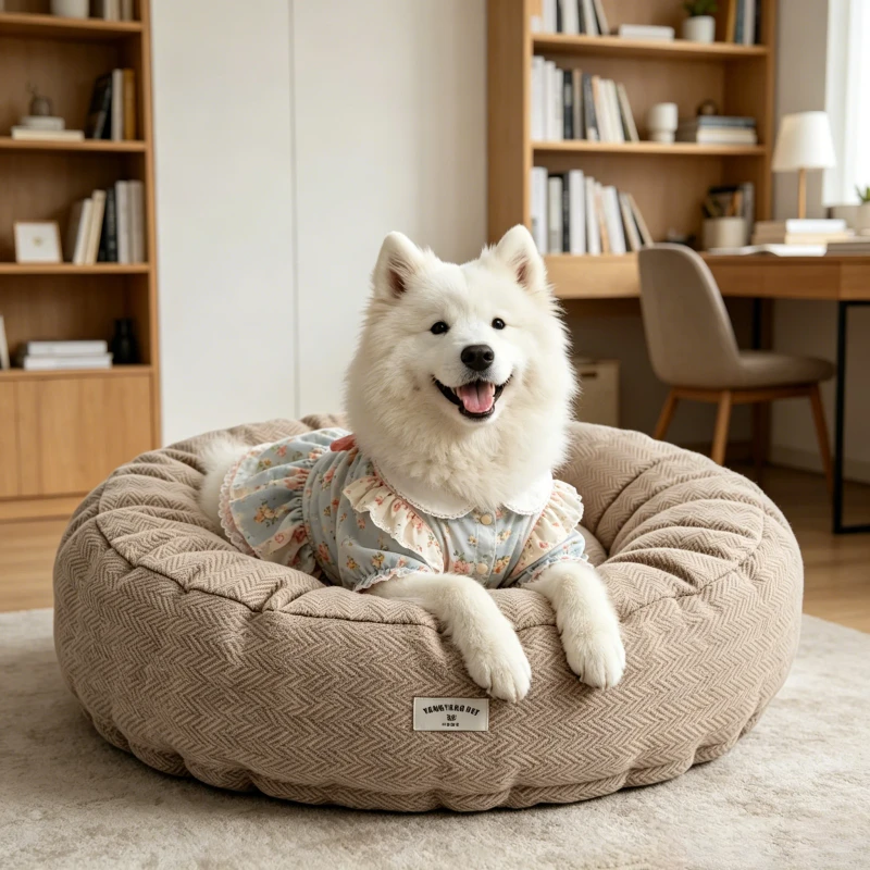 Faux-Linen-Fabric-Beige-Round-GRS-Chew-Proof-Anti-slip-Bottom-for-Pet-Dog-Bed