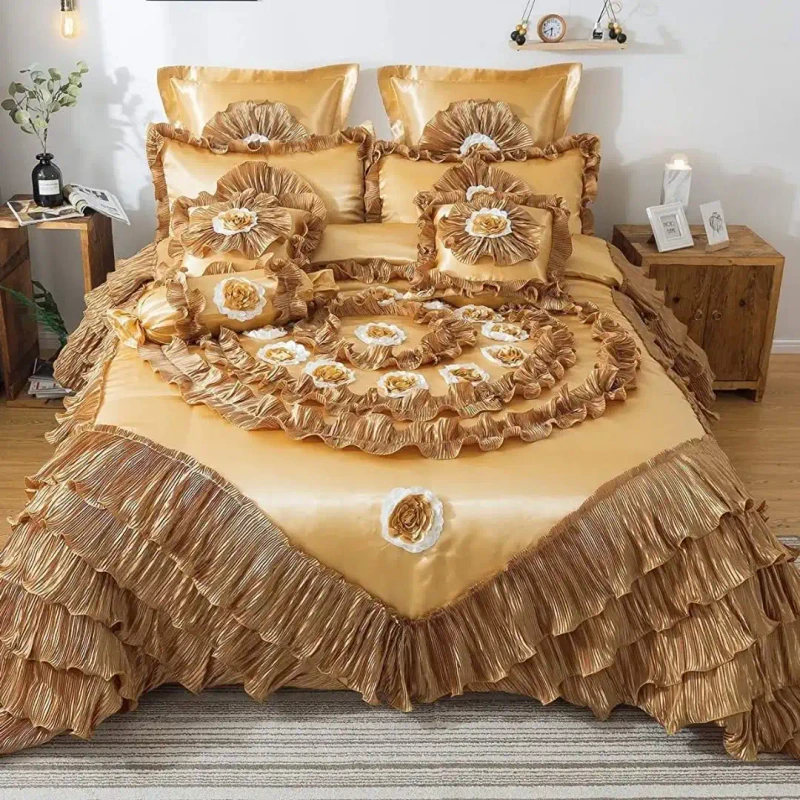 Faux-Satin-Ruffled-Comforter-Set-Elegant-Wedding-Quilt-Bedding-Set