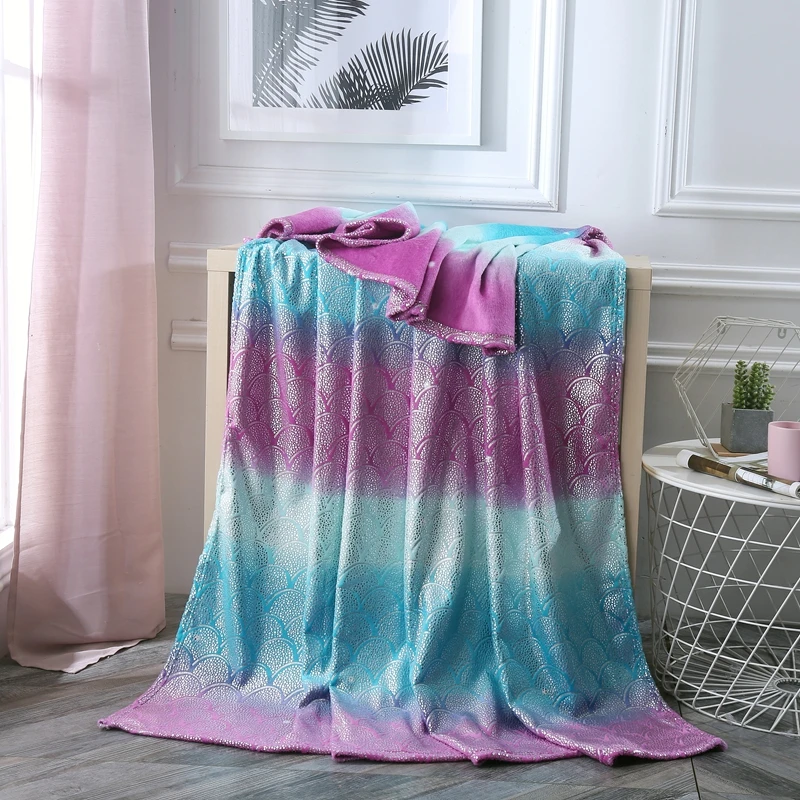 Fish-Scale-Pattern-Gold-Stamping-Purple-Blue-Gradient-Flannel-Decorative-Raschel-Blanket
