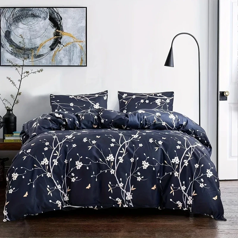 Floral-Print-Polyester-3pcs-Bedding-Set-Including-Duvet-Cover-and-Pillowcases