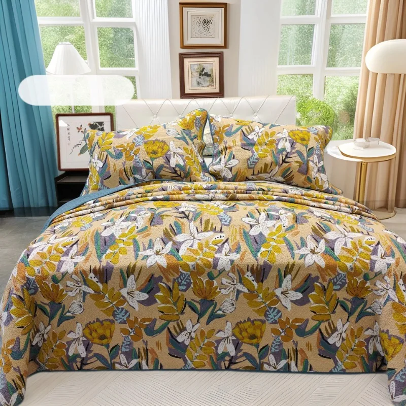 Floral-Printed-100-Cotton-Quilted-Coverlet-3-Piece-Set-Washable-Reversible-Bedspread-for-Hotel-Bedroom-Export