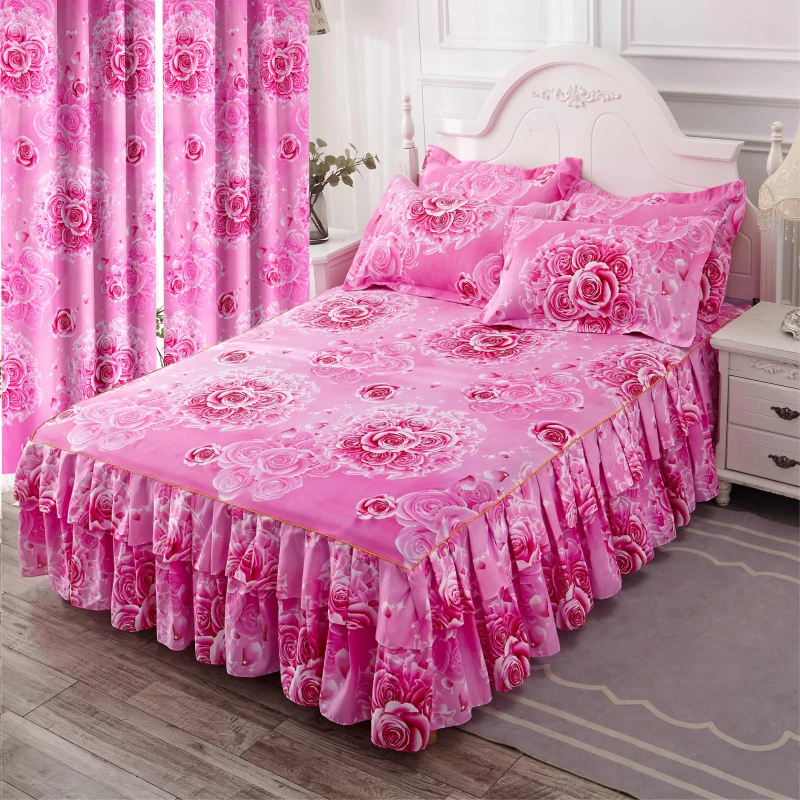 Floral-Printed-Bed-Skirts-Set-Double-Layer-With-Matching-Curtains
