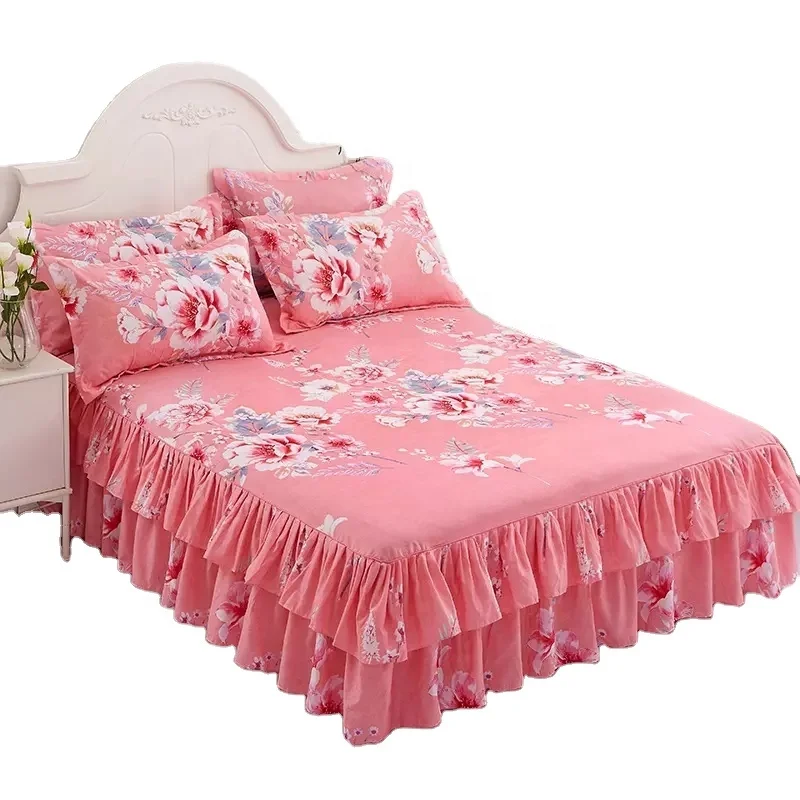 Floral-Printed-Double-Layer-Bedspread-with-Bilateral-Skirt-2-Pillowcases-Elegant-Bed-Sheets-for-Bedroom-Decor