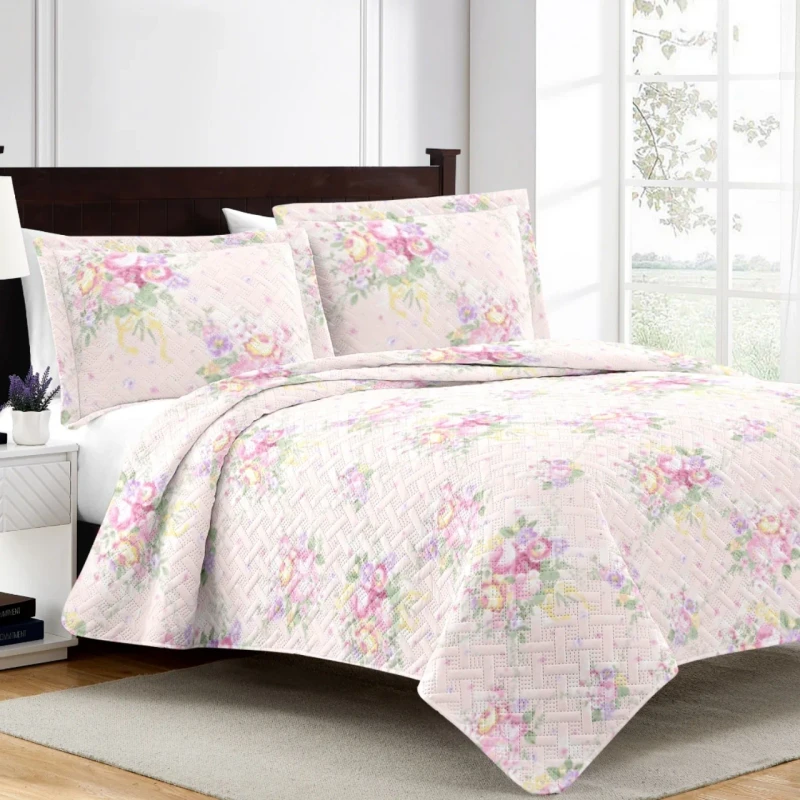 Flower-Printed-Stitching-Polyester-Folded-Bedspread-Set-Full-Queen-King-Size-3pcs-Bedding-Set-for-Hospital-Home-Use