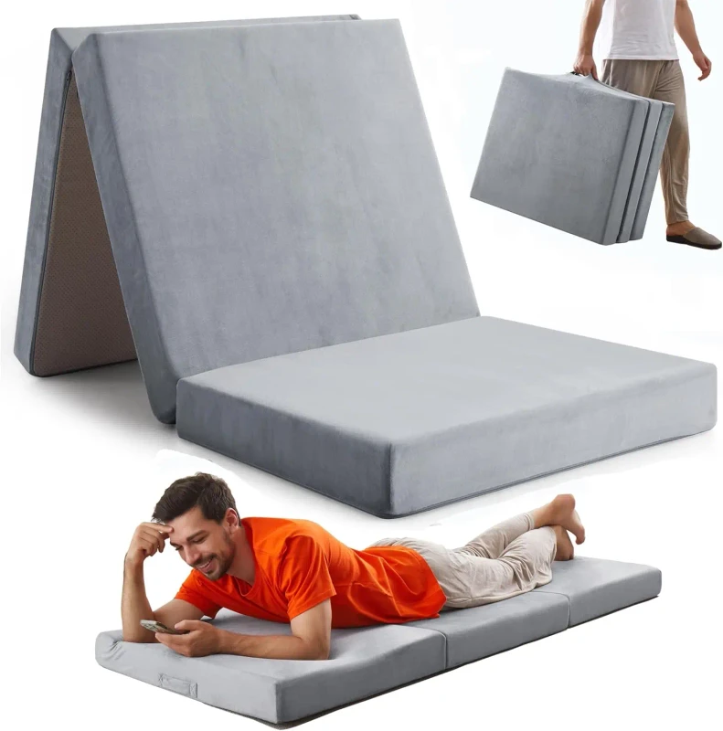 Foldable-Memory-Foam-Sleeping-Mat-3-Piece-Folding-Mattress-Cot-Size-Machine-Washable-Crystal-Velvet-Cover