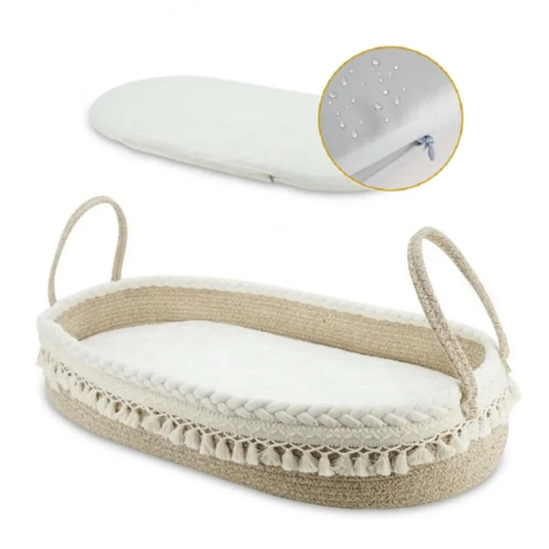 Foldable-Organic-Cotton-Rope-Baby-Changing-Basket-with-Soft-Thick-Foam-Mattress-Pad-and-Removable-Waterproof-Cover