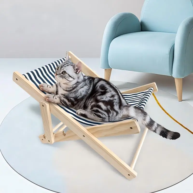 Foldable-Wooden-Cat-Hammock-Chair-with-Washable-Striped-Cover