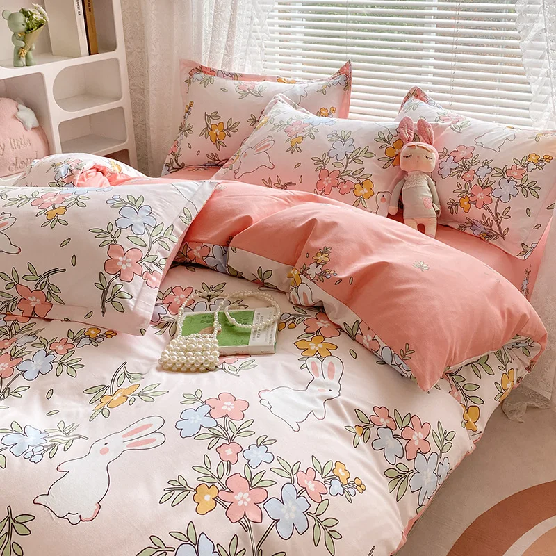 Four-Piece-Bed-Sheet-Set-Washed-Cotton-Duvet-Cover-Bedding-Set-Three-Piece-Dormitory-Gift