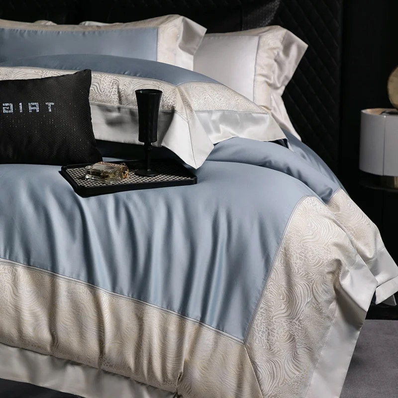 Four-Piece-Set-Light-Luxury-Style-Color-Weaved-Long-Fleece-Gold-Silk-Jacquard-100-Thread-Count-Customizable-Solid-Bed