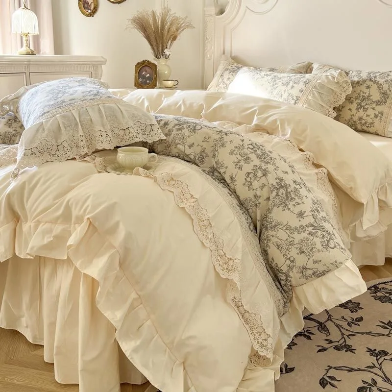 French-Country-Floral-Lace-5pc-Comforter-Set-Bedding-Comforter-Polyester-Simple-Elegant-French-Light-Luxury-Style